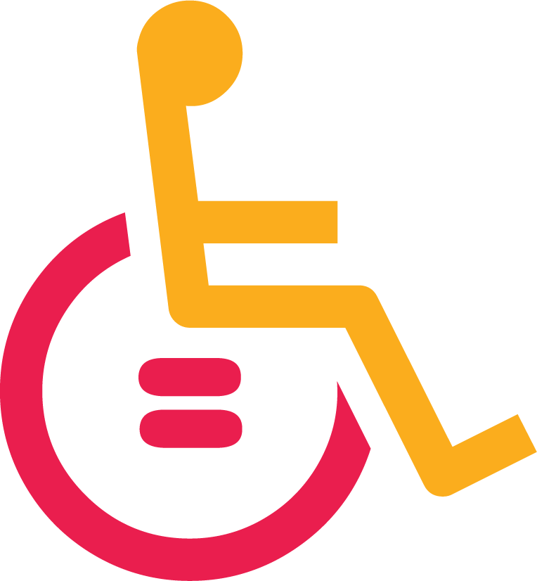 Graphic symbol of a yellow person in a red wheelchair