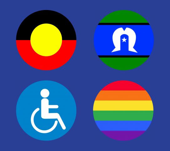Emblems representing Aboriginal and Torres Strait Islander people, disability and rainbow