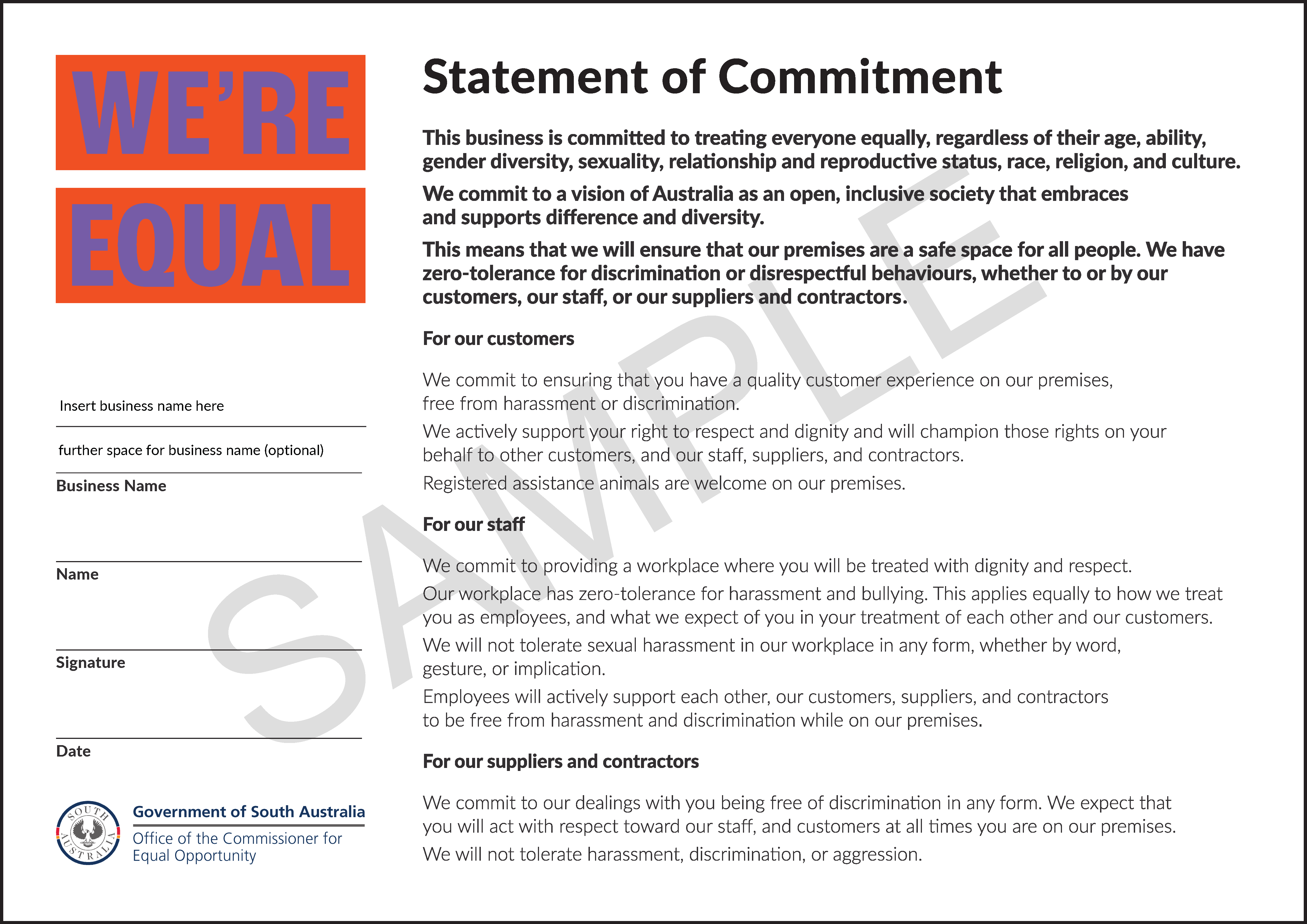 Image sample of the Statement of Commitment made by We're Equal businesses
