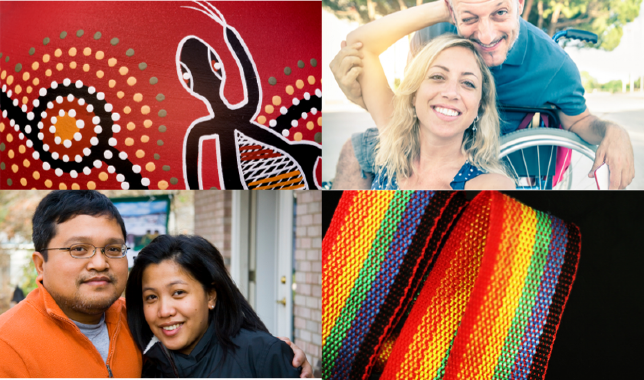 ^ horizontal square images showing two men with a child, indigenous art, a couple including a man in a wheelchair, a rainbow flag, a couple, rows of small stick figures of varying shapes and colours