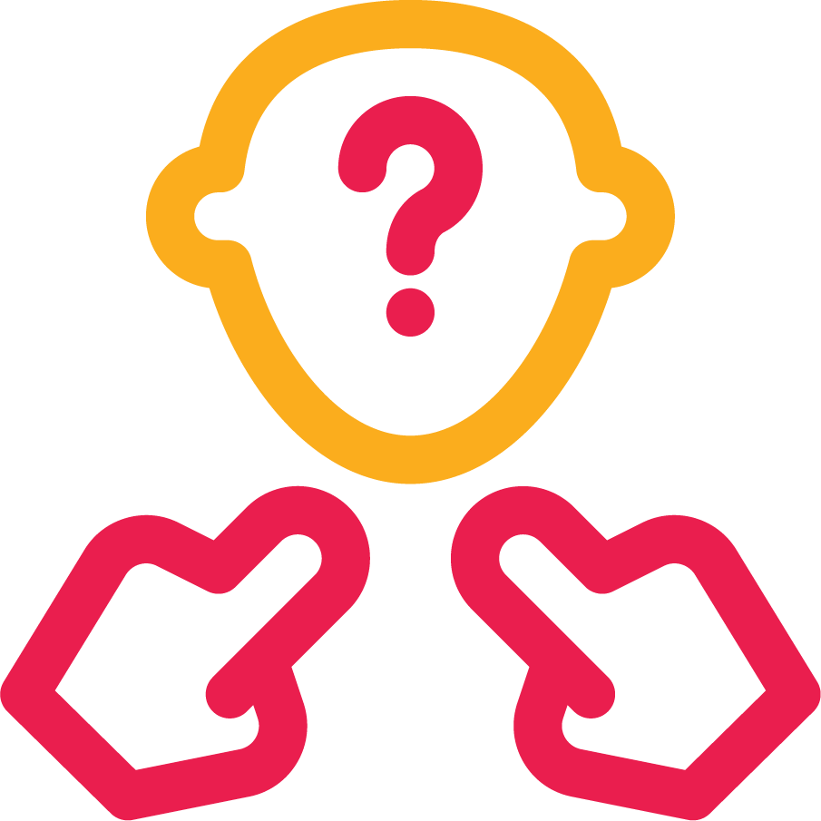 Icon of a yellow head with a red question mark inside it, along with two hands pointing up at the head from below.